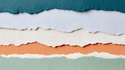Fototapeta premium Torn paper layers in teal white cream orange and mint green arranged horizontally for textured background design