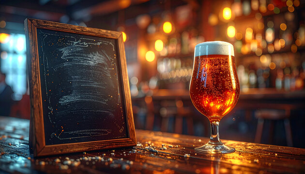 Draft Beer on Bar Counter: A frothy pint of amber draft beer sits on a polished wooden bar counter, with a vintage chalkboard ready for specials, creating an inviting pub atmosphere.