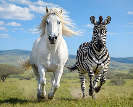 Beautiful White Horse and Zebra Running Together Across Open Grassland Under Blue Sky Ultra Realistic 16K
