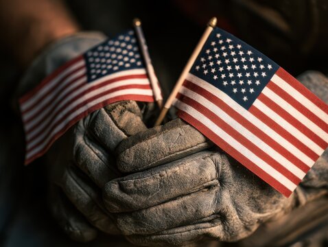 Soldier holding two american flags draped over shoulders