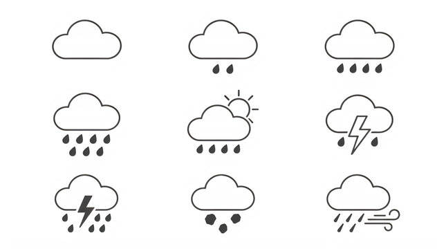 Set of nine different weather condition icons with clouds and precipitation elements transparent background