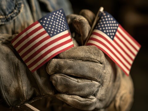 Soldier saluting with two american flags in camouflage uniform