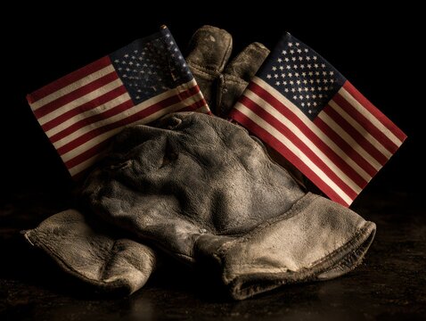Statue of hands holding two american flags