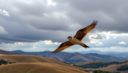 Fototapeta premium A bird is captured mid flight against a backdrop of rolling hills and a cloudy sky. Its wings are fully extended, showcasing the detailed feathers as it soars above the landscape
