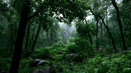 Fototapeta premium A lush green forest canopy with misty atmosphere and scattered rocks on damp ground under overcast sky