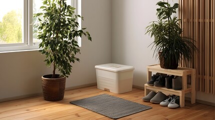 Fototapeta premium Minimalist entryway featuring potted plants wooden shoe rack storage bin and woven rug on light wood flooring near window
