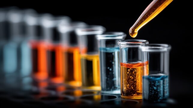 A pipette drips liquid into a test tube with other colorful solutions. Great for science, chemistry, and pharmaceutical themes.