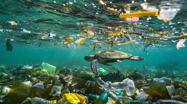 Environmental impact, Sea turtle swimming through plastic waste highlighting ocean pollution and environmental protection awareness