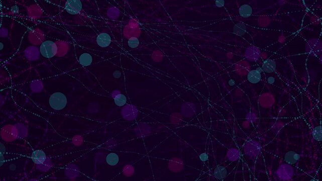 Glowing particles move along intertwined paths creating complex web patterns of deep purple and teal light