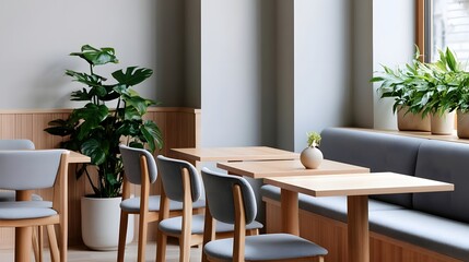 Fototapeta premium Minimalist cafe interior featuring light wood tables gray upholstered chairs and lush green plants near a window