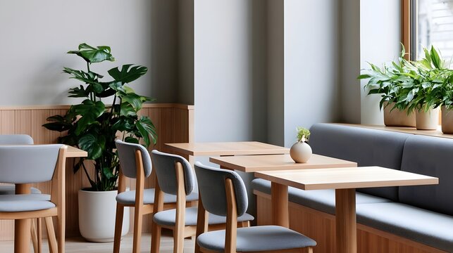 Minimalist cafe interior featuring light wood tables  gray upholstered chairs  and lush green plants near a window