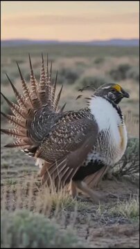 Male Greater Sage-Grouse displaying his yellow air sacs during mating season in the American West