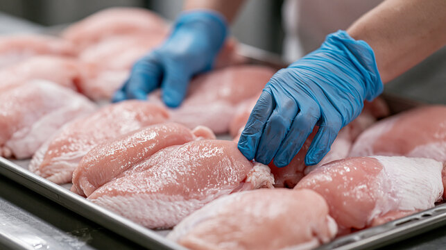Food industry worker arranging raw chicken breasts on a metal tray, ensuring quality control and hygiene standards during poultry processing in a factory environment