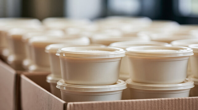 Many food containers with lids arranged in cardboard boxes, preparing for delivery and catering service, representing mass production and food distribution logistics