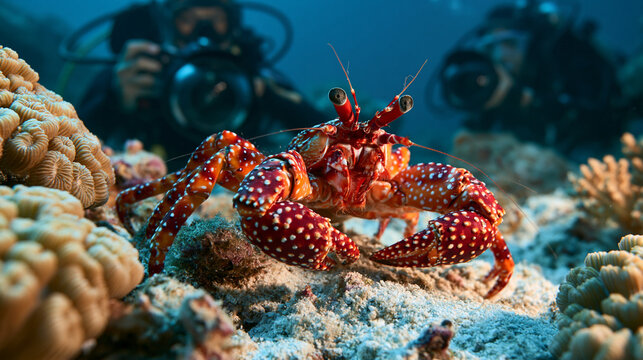Ornate reef crab displaying its intricate patterns and bright colors while standing on a sandy seabed