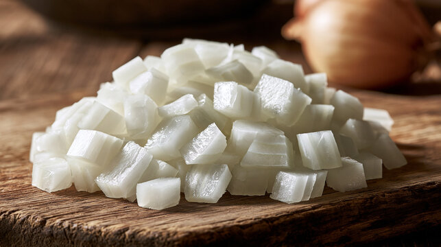 Diced white onion pieces, freshly prepared for cooking, forming a heap on a rustic wooden cutting board, showcasing culinary ingredient preparation