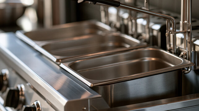 Commercial kitchen equipment, stainless steel deep fryers with empty food trays, ready for restaurant cooking and food service preparation