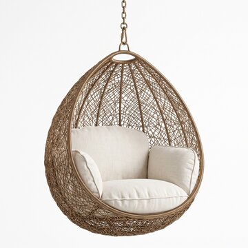 Wicker Hanging Chair: A cozy, egg-shaped wicker hanging chair with plush cream cushions offers a secluded spot for relaxation, suspended by a sturdy metal chain.
