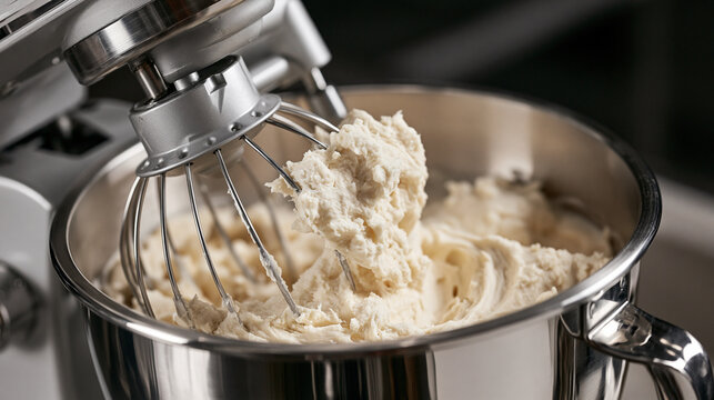 Stand mixer whisking creamy dough, preparing homemade baked goods in a modern kitchen, creating sweet desserts and pastries