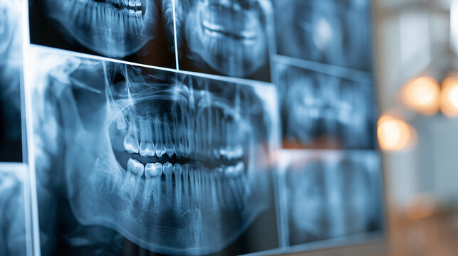Panoramic dental x ray film showing human teeth, jawbone, and oral cavity structure, illustrating modern dentistry diagnostics for health checkup and treatment planning