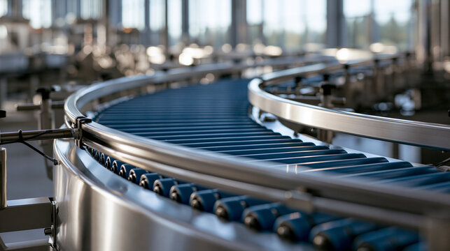 Automated conveyor belt system running in a modern factory setting, symbolizing manufacturing efficiency, industrial production, and advanced technology