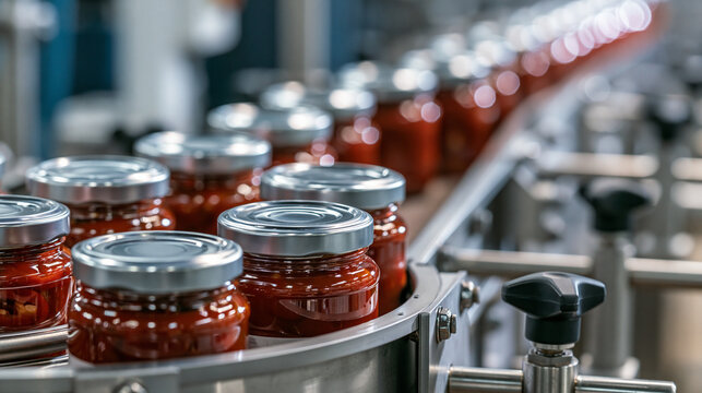 Processed tomato sauce jars moving along an automated production line in a food manufacturing factory, illustrating industrial packaging and quality control