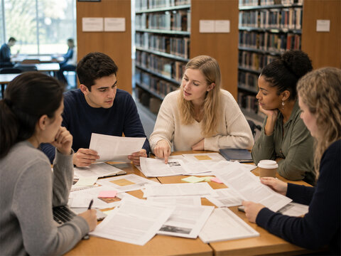 University students collaborate around a library table while reviewing papers taking notes and discussing a group assignment in a diverse academic teamwork and study session among classmates
