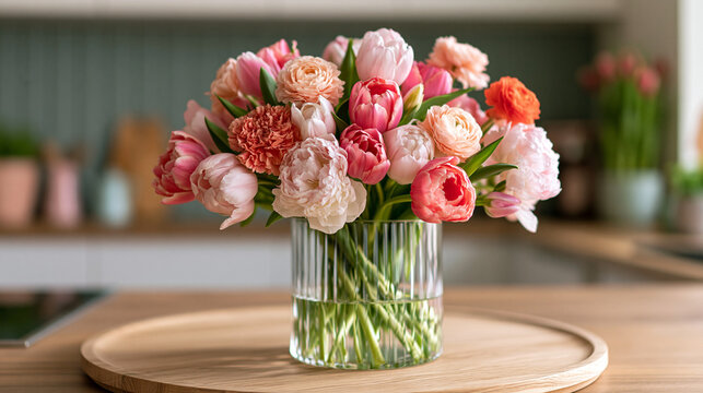Elegant bouquet of fresh pink, peach, and coral tulips, ranunculus, and peonies in a glass vase brightening a modern home kitchen interior