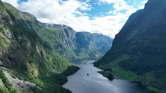Aerial view of N&aelig;r&oslash;yfjord, massive fjord landscape in Norway