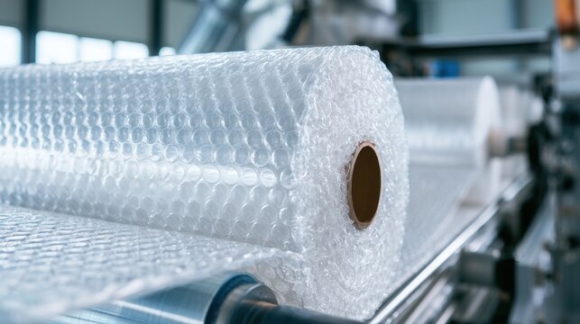 Roll of transparent bubble wrap packaging material on industrial production line for protective cushioning and shipping safety with plastic air bubbles
