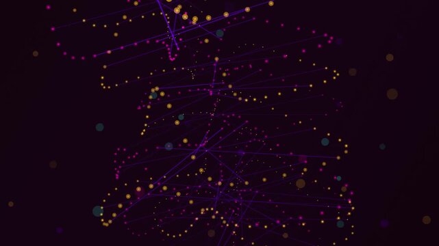 Glowing purple and yellow light particles connected by lines moving in a dark digital space