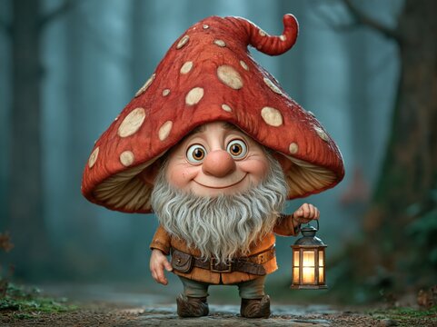 Smiling gnome wearing a red mushroom hat holding a lantern