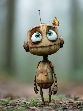 Cute rusty robot with a butterfly on its head in nature