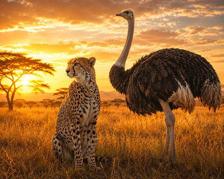 Ultra Realistic Cheetah and Ostrich Standing Together in African Savannah During Golden Sunrise Premium Wildlife Photography 16K