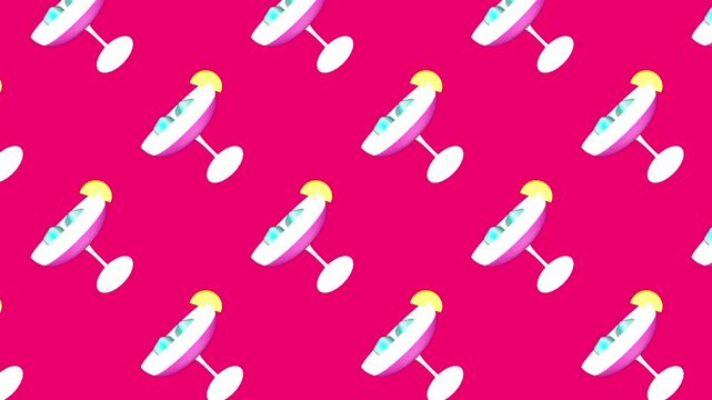 Cosmopolitan cocktail glasses with lemon slices and ice rotate in synchronized rows on a vibrant pink background, forming a seamless party pattern. 3D animation