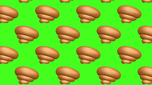 Brown poop symbols rotate in synchronized rows on a bright green background, forming a funny seamless pattern for toilet humor and sanitation themes. 3D animation