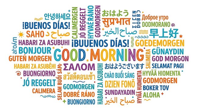 Good morning word cloud in many languages. Global greeting typography design concept.