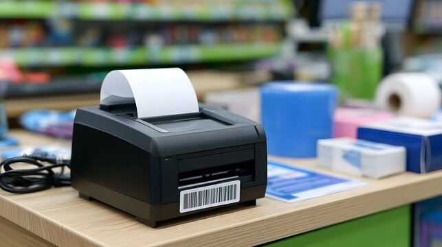 A black thermal receipt printer sits on a wooden counter in a retail store with blurred shelves and supplies in background