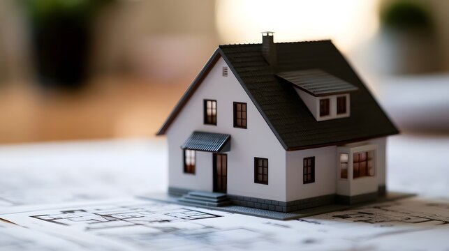 A miniature house model placed atop detailed architectural blueprints on a flat surface  showcasing design planning