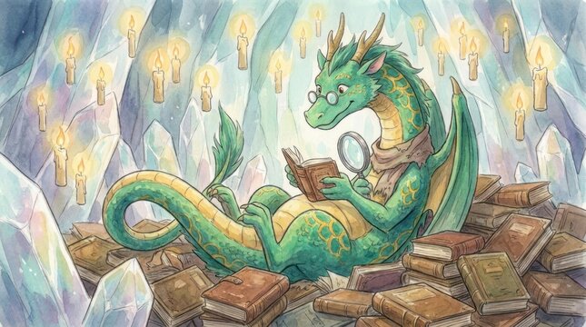 Green dragon reading books in a crystal cave.