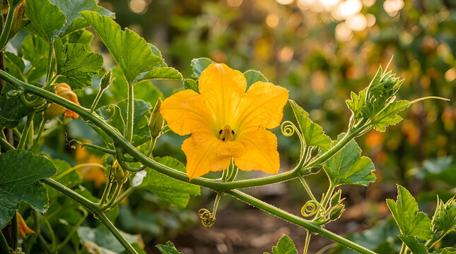 Bright yellow pumpkin flower blooming in a lush organic vegetable garden