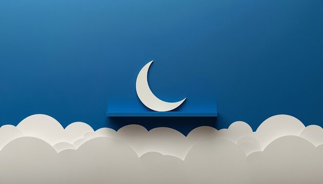 Conceptual 2.5D papercut art of a white crescent moon on a blue shelf above paper clouds against a dark blue background