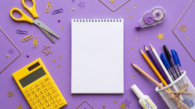 Blank open spiral notepad template mock up surrounded by bright yellow scissors, calculator, pens, pencils, and office supplies scattered on purple background. Space for text or layout.