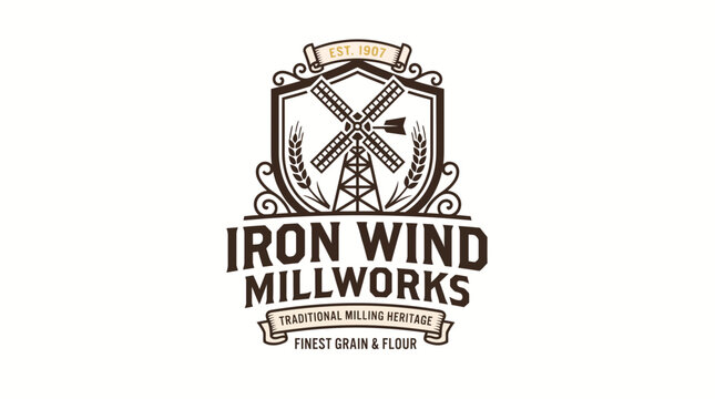 Iron Wind Millworks vintage logo design A refined vintage identity inspired by classic windmills and traditional grain processing.