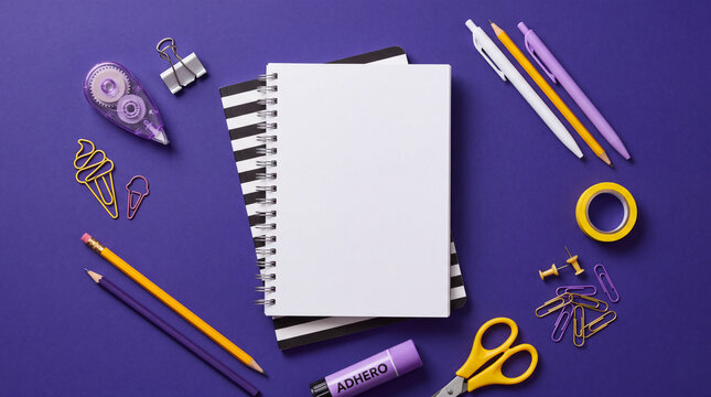 Top view of an open blank spiral notepad with colorful stationery, pens, scissors, clips, and tape on a vibrant purple background. Perfect mockup for back to school and workspace concepts.