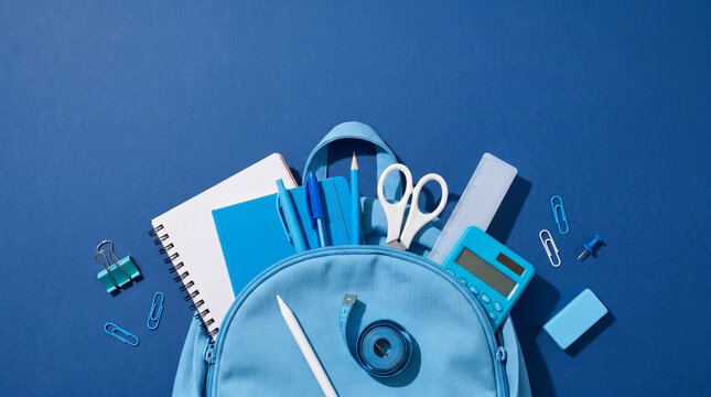Top view of open blue backpack filled with school supplies like notebook, pens, calculator, scissors, clips, and ruler over blue background with copy space. Ready for back to school concept.