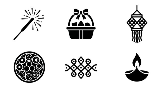 Deepavali celebration silhouette symbols, sparkler, gift hamper, decorative lantern, sweets platter, rangoli border, festive candle, exactly six symbols only