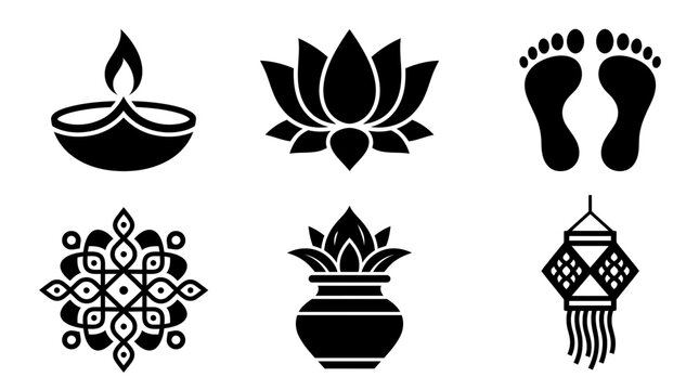 Diwali silhouette symbols, oil lamp diya, lotus flower, Goddess Lakshmi footprints, rangoli pattern, kalash pot, hanging lantern, exactly six symbols only