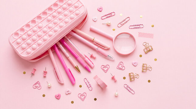 Flat lay top view of cute pink school stationery, pop it pencil case, pens, paper clips, magnifying glass, and accessories arranged on a pastel pink background.