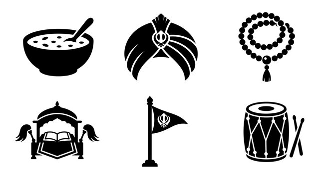 Guru Nanak Jayanti celebration silhouette symbols, langar bowl, turban, prayer beads, holy scripture stand, temple flag, ceremonial drum, exactly six symbols only